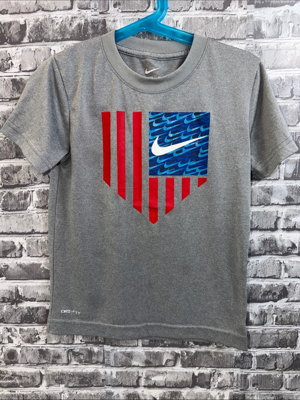 Nike Gray Short-Sleeve Tee with Red Stripes & Blue Graphic